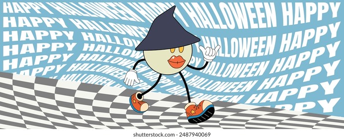 Retro groovy Happy Halloween party art horizontal banner. Cute witch holiday character on crazy hippy background. Hippie abstract October 31 festive event flyer. Trendy y2k pop design concept. Eps