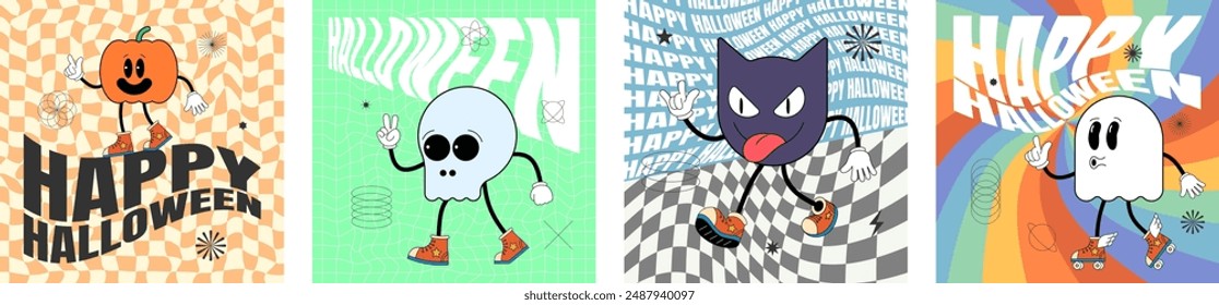 Retro groovy Happy Halloween party art square banner set. Scary pumpkin, skull, bat and ghost holiday characters on crazy hippy print. Psychedelic hippie style abstract flyer. Trendy y2k pop design