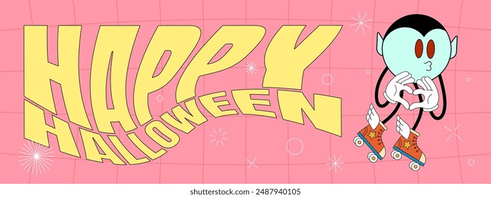 Retro groovy Happy Halloween party art horizontal banner. Vampire holiday character on crazy hippy background. Hippie abstract October 31 festive event eps flyer. Trendy y2k pop design concept