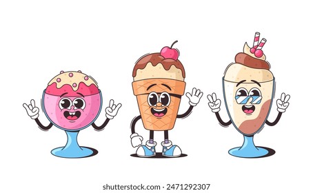 Retro groovy Happy Ice Cream Cartoon Characters With Vibrant Expressions. Playful Desserts Exude Nostalgia