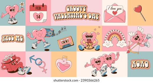  Retro groovy Happy Valentine's Day geometric pattern for greeting cards, posters, wrapping, pack paper. Cartoon romantic 60s, 70s vintage vector illustration.