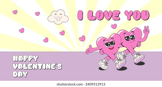 Retro groovy Happy Valentine's day banner template with hippie lovely hearts characters. Vector funky cartoon romantic 60s, 70s background for header of website, poster, cover, print.