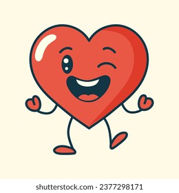 Retro groovy heart character. Happy winking heart in cartoon style. Trendy 60s, 70s, 80s style.