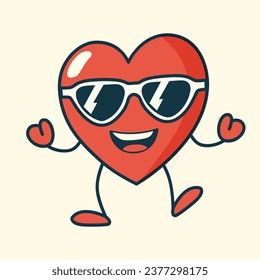 Retro groovy heart character. Happy heart with glasses in cartoon style. Trendy retro 60s 70s style.