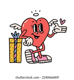Retro Groovy heart character. Isolated Love concept. Happy Valentines day. Funky heart mascot with big gift box in trendy vintage 60s 70s cartoon style. Vector contour illustration in vivid colors.