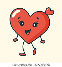 Retro groovy heart character. Red heart girl in cartoon style. Trendy 60s, 70s, 80s style.