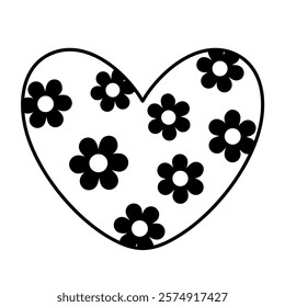 Retro groovy heart clipart. Black and white heart doodle. Valentines day clipart. Valentine heart in cartoon flat style. Hand draw vector illustration