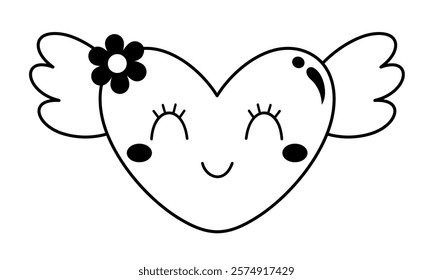 Retro groovy heart clipart. Black and white heart doodle. Valentines day clipart. Valentine heart in cartoon flat style. Hand draw vector illustration