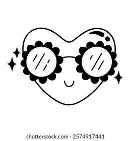 Retro groovy heart clipart. Black and white heart doodle. Valentines day clipart. Valentine heart in cartoon flat style. Hand draw vector illustration