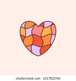 Retro groovy heart, with distorted checks. Colorful vector illustration in vintage style. Nostalgic 70s 60s design element 