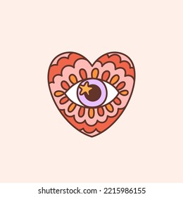 Retro groovy heart with eye. Colorful vector illustration in vintage style. Hippie 60s, 70s design element or icon