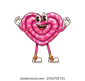 Retro groovy heart sweet candy character. Isolated cartoon vector striped caramel or toffee with playful expression, extending its arms expressing love, fun and affection for Valentine day celebration