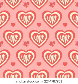 Retro groovy hearts seamless pattern. Romantic print for Valentine's day decoration in style 60s, 70s. Trendy vector illustration. Pastel colors