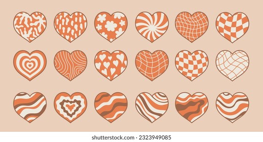 Retro Groovy Hearts set. Vintage collection of wavy heart shape with outline. Grid, gingham, checkered texture. Vector illustration