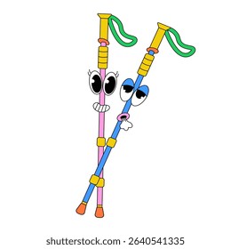 Retro groovy hiking poles character. Cartoon adventure mascot. Vector illustration isolated