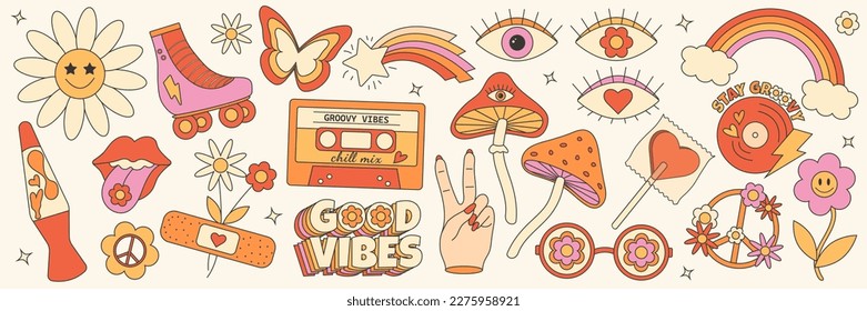 Retro groovy hippie 70s set. Sticker collection in trendy retro psychedelic cartoon style. Mushroom, flower, eye, rainbow, butterfly, good vibes