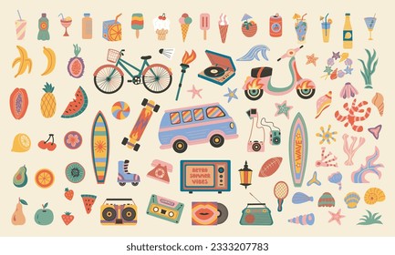 El retro Groovy hippie 70s conjunto de divertidos cócteles vectoriales retro de dibujos animados, helados, frutas exóticas, radio y televisión vintage, moto retro y minivan, cámaras, bicicleta, tabla de surf, fauna marina y conchas marinas.