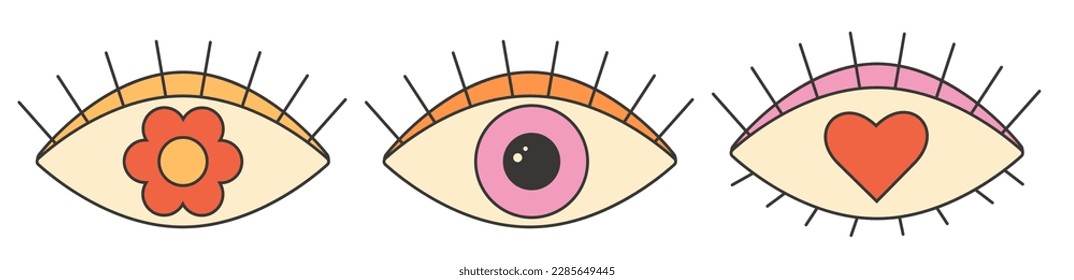 Retro groovy hippie 70s sticker set. Eye collection in trendy retro psychedelic cartoon style. 
