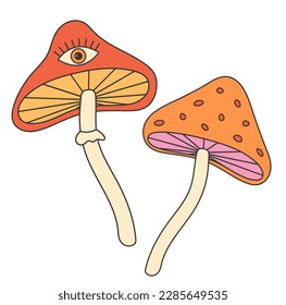 Retro groovy hippie 70s sticker. Mushrooom stickers in trendy retro psychedelic cartoon style. 
