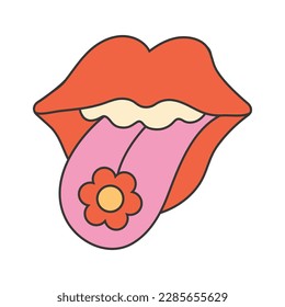 Retro groovy hippie 70s sticker. Lips sticker in trendy retro psychedelic cartoon style. 
