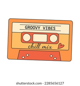 Retro groovy hippie 70s sticker. Groovy vibes mix tape sticker in trendy retro psychedelic cartoon style. 
