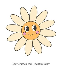 Retro groovy hippie 70s sticker. Cute smiley flower character sticker in trendy retro psychedelic cartoon style.