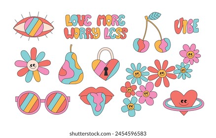 Retro groovy hippie abstract flowers, glasses, heart, eye, mouth, mushroom. Cartoon bright stickers set.