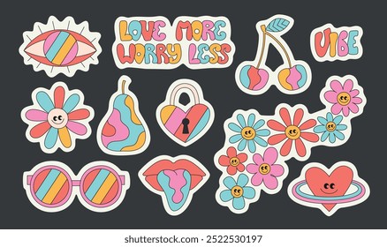 Retro groovy hippie abstract flowers, glasses, heart, eye, mouth, mushroom sticker sheet. Cartoon bright vector stickers set.