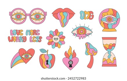 Retro groovy hippie abstract glasses, heart, eye, mouth, mushroom, ball. Cartoon trippy stickers set.