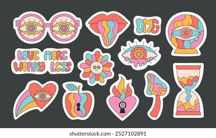 Retro groovy hippie abstract glasses, heart, eye, mouth, mushroom, ball stickers pack. Cartoon trippy vector set.