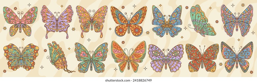 Retro groovy hippie butterfly insects. Isolated vector set flaunt vibrant hues, intricate patterns and whimsical flights, embodying spirit of 1960s counterculture with psychedelic free-spirited beauty