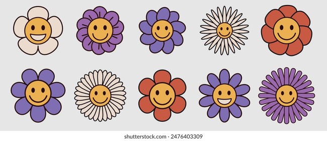 Retro groovy hippie cartoon flower characters elements for poster of sticker design. Set of 70s vintage groovy hippie character element collection. Templates for design, posters, projects, banners