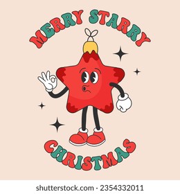 Retro Groovy hippie character of cheerful red star with calligraphy lettering. Christmas Holiday card in trendy cartoon style. Vector