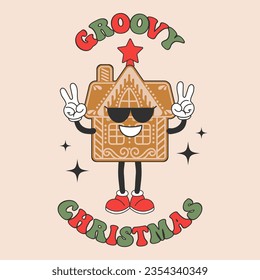 Retro Groovy hippie character of cheerful gingerbread man with calligraphy lettering. Christmas Holiday card in trendy cartoon style. Vector