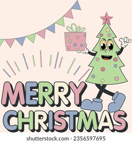Retro Groovy Hippie Christmas with cute Christmas tree character. 70s, 80s groovy posters, retro print for greeting card, T shirt print, poster, mug, and gift design. Vector illustration