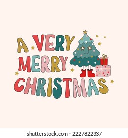 Retro Groovy Hippie Christmas hand drawn greeting card clipart composition, modern 60s 70s retro card, poster, banner design