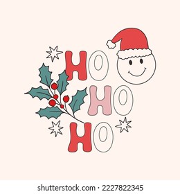 Retro Groovy Hippie Christmas hand drawn greeting card clipart composition, modern 60s 70s retro card, poster, banner design