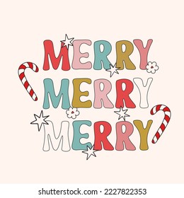 Retro Groovy Hippie Christmas hand drawn greeting card clipart composition, modern 60s 70s retro card, poster, banner design