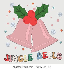 Retro Groovy Hippie Christmas with jingle bell hand drawn greeting card clipart composition, modern 60s 70s retro card, poster, banner design. Vector illustration