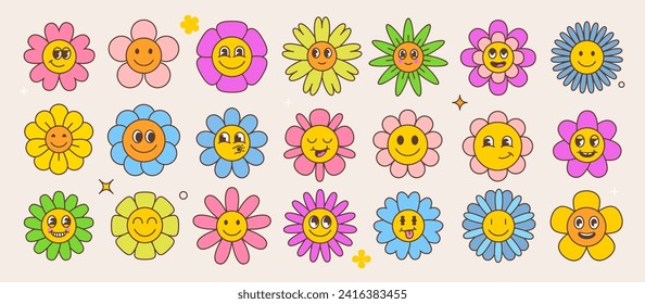 Retro groovy hippie daisy sunflower flowers cute happy characters. Isolated vector joyful and whimsical garden chamomile blossom faces, radiating vibrant energy, positive smiles summer vibes