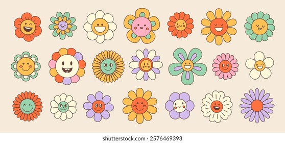 Retro groovy hippie daisy sunflower flower characters set. Isolated vector cute happy chamomile bloom faces with vibrant joyous smile, floral reminiscent of 70s, spreading joy with cheerful presence