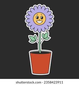 Retro groovy hippie flower in 1970 style. Cartoon flower in a pot on a black background. Vector illustration.