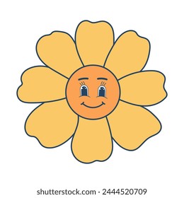 Retro groovy hippie flower character. Colorful cartoon psychedelic 60s, 70s style. Minimalistic old-fashioned art design.