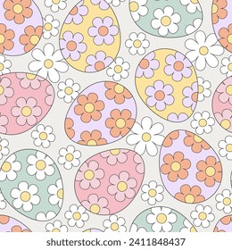 Retro Groovy Hippie flower ornated colourful Easter eggs vector seamless pattern. Happy Easter holiday background. 