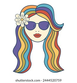 Retro groovy hippie girl face with sunglasses, daisy flower and rainbow hair. Colorful cartoon psychedelic character in 60s, 70s style. Minimalistic old-fashioned art design.