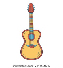 Retro groovy hippie guitar. Colorful cartoon psychedelic 60s, 70s style. Minimalistic old-fashioned art design.