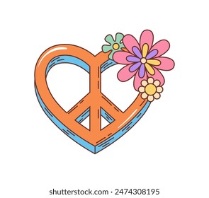 Retro groovy hippie heart with peace symbol and flowers, vector 70s cartoon. Groovy heart with blooming flowers for love and peace, freedom and positive vibes or hippie summer emotion emoji