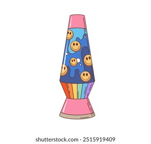 Lámpara de lava hippie groovy retro con emoji de sonrisas y arco iris, símbolo de dibujos animados de Vector de los años 70. Emoticonos de sonrisa cómica funky groovy flotando en fundición de lámpara de lava para impresión de moda hippie hipster o retro