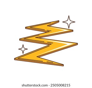 Retro groovy hippie lightning, vibrant zigzag symbol in yellow with clean lines and sparkles, conveying energy, power and speed. Isolated cartoon vector flash bolt echoing an era of electric vibes