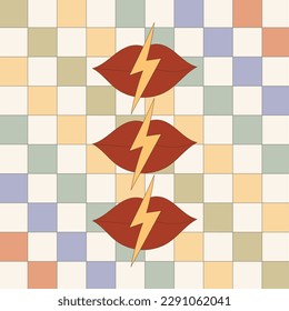 Lèvres hippies grincheuses rétro avec panneau éclair sur fond échiquier coloré. Design psychédélique des années 60 et 70 pour carte, affiche, t-shirt illustration vectorielle dans un style dessiné à la main